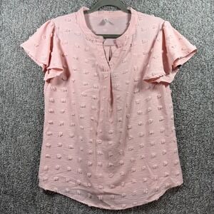 YSYOKOW Blouse Pink Swiss Dot Flutter Sleeve V-Neck Top Pom Pom Womens Large